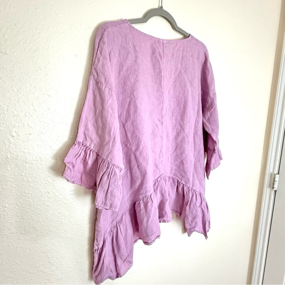 Match Point 100% Linen Bell Sleeve Top High Low small Lagenlook Ruffle Hem - Picture 5 of 8